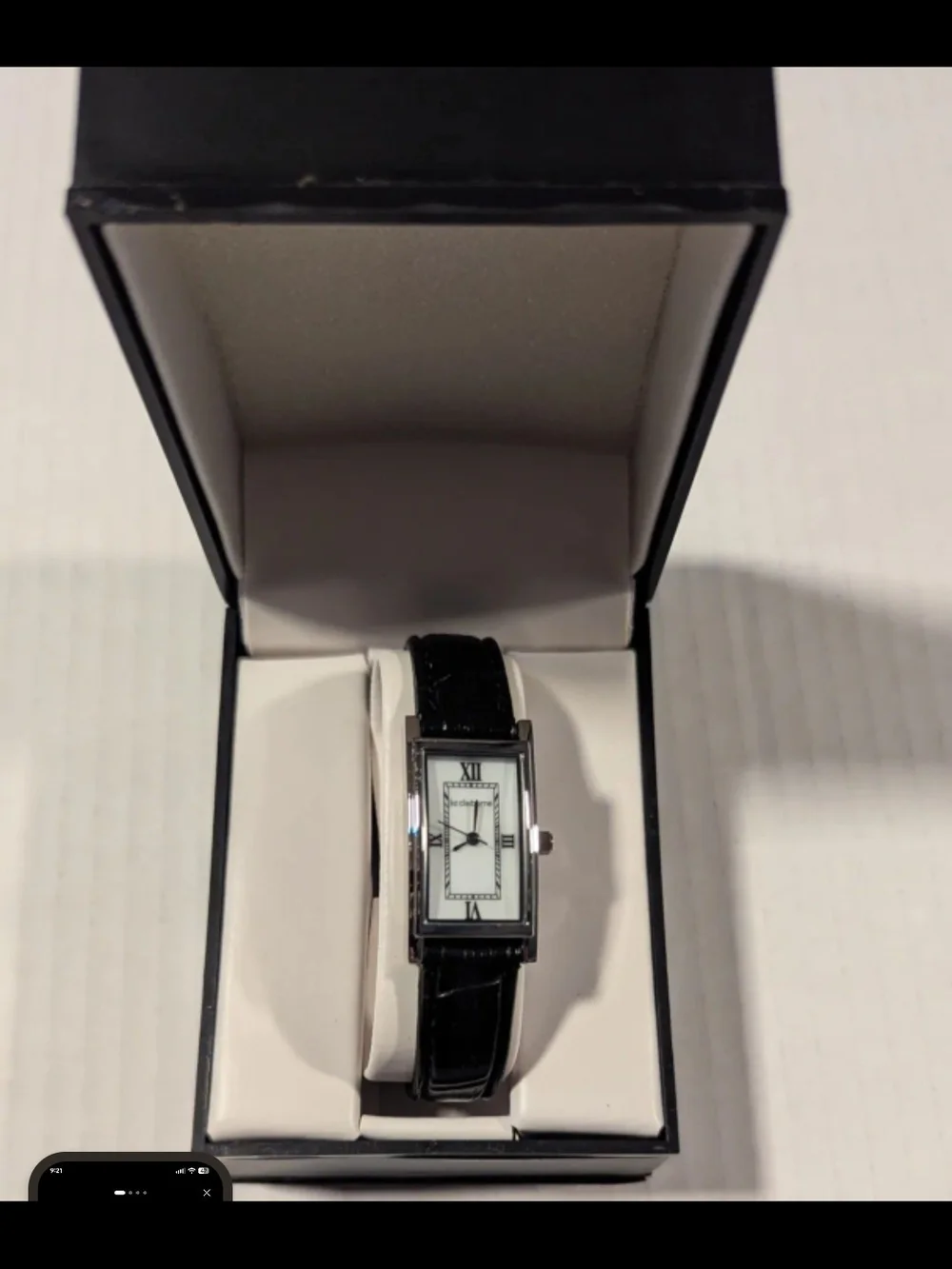 Liz Claiborne Silver-Tone Rectangular Watch with Black Leather Strap